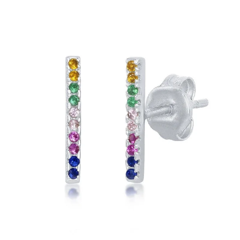 Vintage Gold Earrings-Sterling Silver Rainbow CZ Bar Stud Earrings