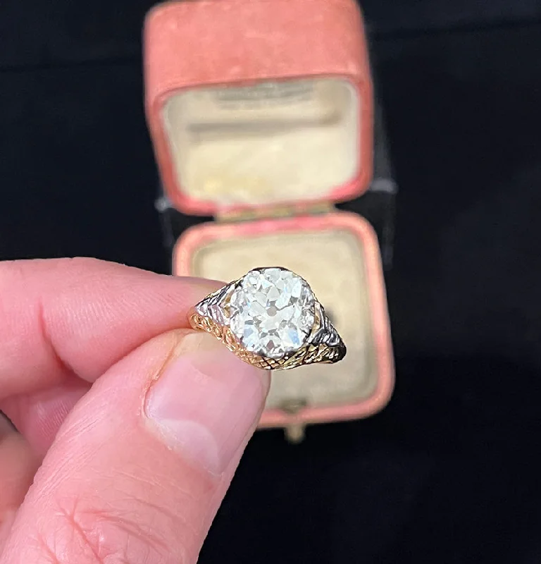 Unique Gold Wedding Ring-Australian 2.62ct Cushion Old Cut Diamond Ring