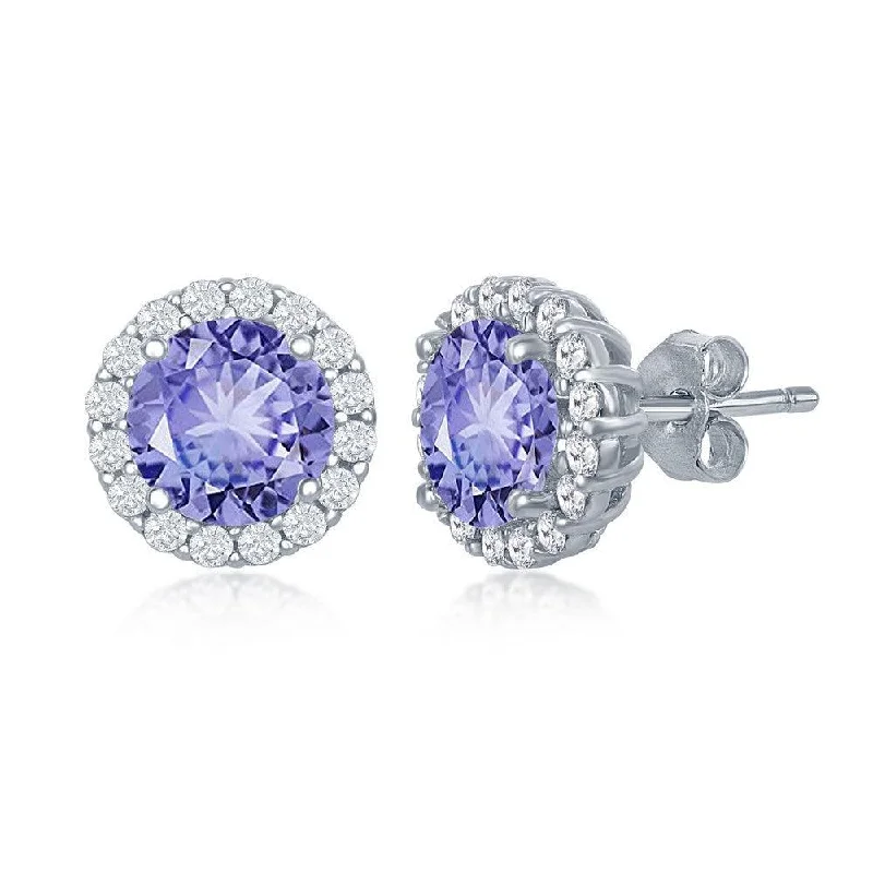 Unique Designer Earrings-Sterling Silver Blue Prong Round Stud Earrings