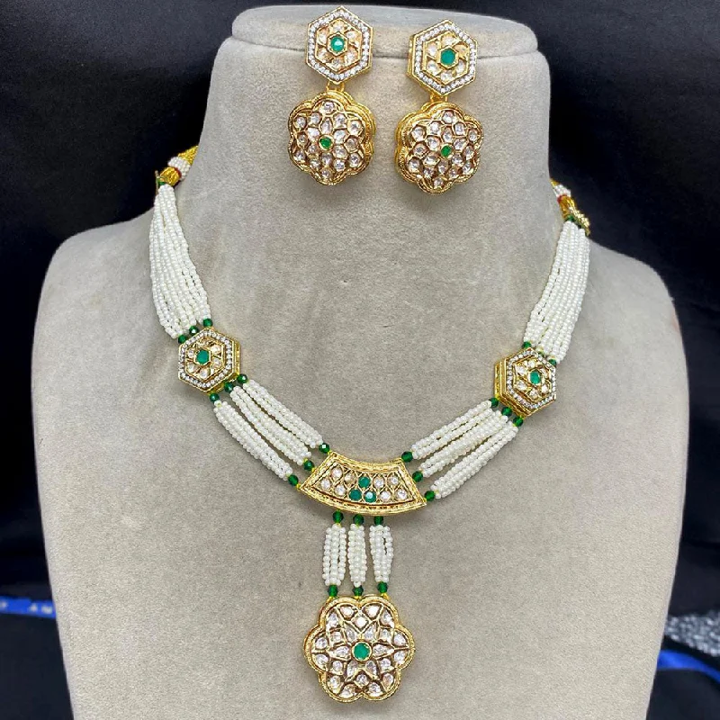 Wedding Pearl Necklace-Royal Kundan Jewellery Gold Plated Polki Kundan And Pearls Necklace Set