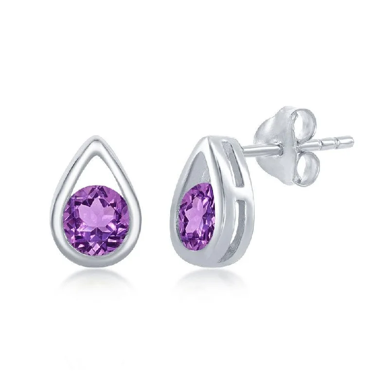 Chunky Hoop Earrings-Sterling Silver Open Pear Shaped Amethyst Earrings