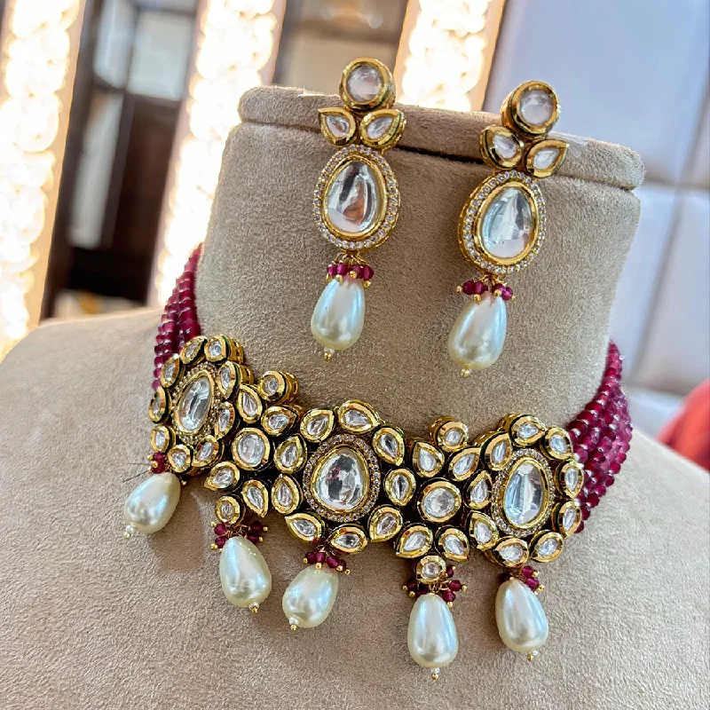 Custom Birthstone Jewelry Necklace-Jewel Addiction Copper Gold Plated Polki Kundan And Pearls Kundan Necklace Set