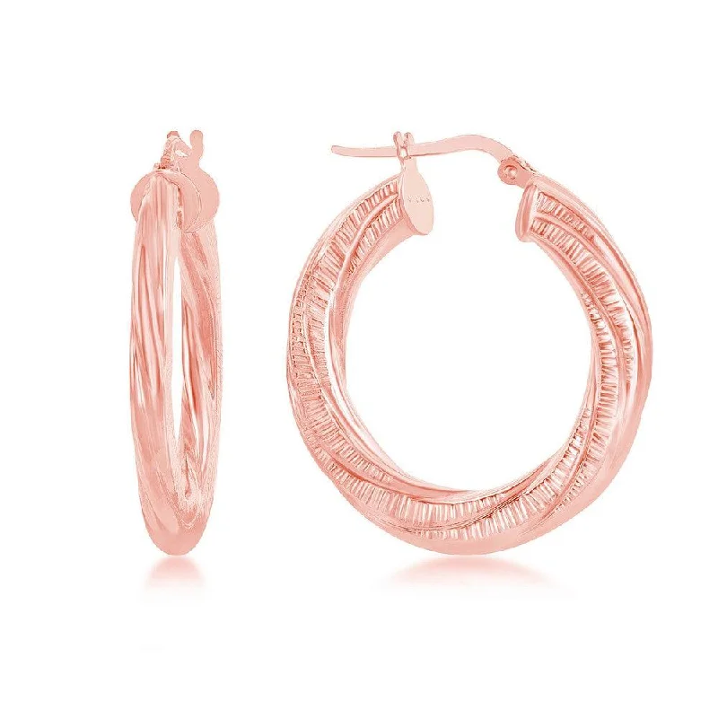 Abstract Art Earrings-Sterling Silver Rose Gold Plated Twisted Designed Hoop Earrings