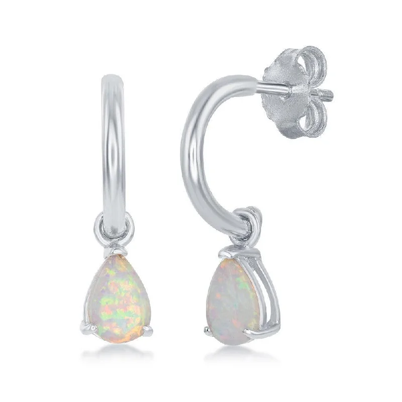 Butterfly Gold Earrings-Sterling Silver Pear-Shaped White Inlay Opal Open Hoop Earrings