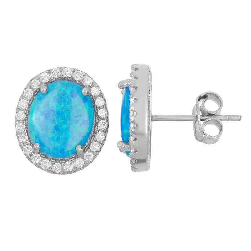 Bridal Pearl Earrings-Sterling Silver Blue Inlay Opal Oval Stud Earrings