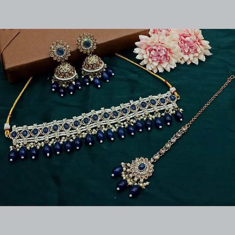 Unique Gemstone Necklace-India Art Gold Plated Kundan Stone And Pearls Choker Necklace Set