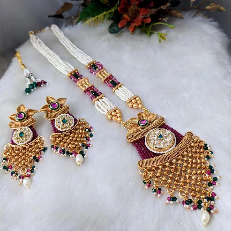 Artistic Crystal Necklace-Aamrapali Gold Plated Pota Stone And Pearl Long Necklace Set