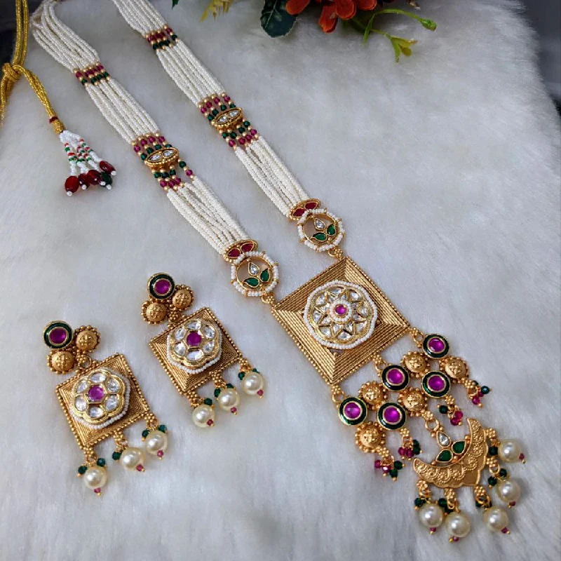 Rose Gold Choker Necklace-Aamrapali Gold Plated Pearl And Pota Stone Long Necklace Set