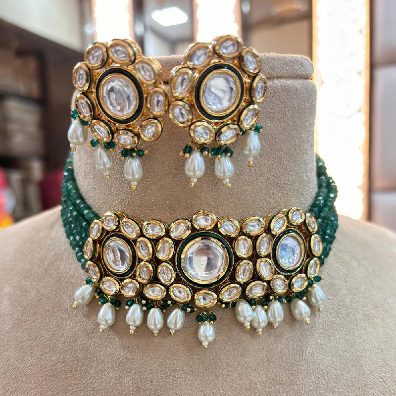 Wedding Pearl Necklace-Jewel Addiction Copper Gold Plated Polki Kundan And Pearls Kundan Necklace Set