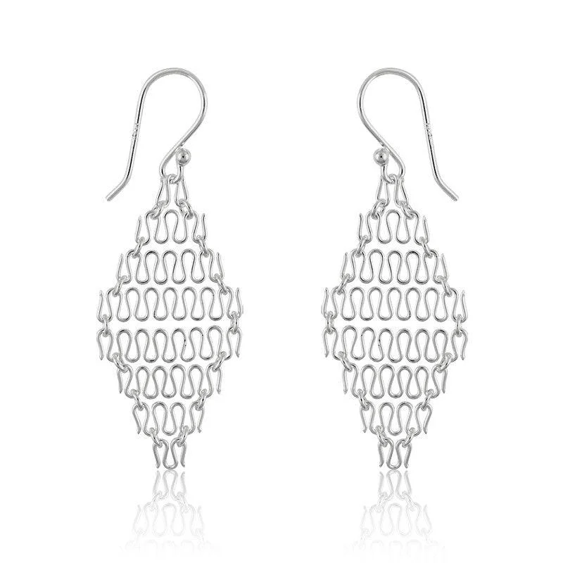 Trendy Ear Jackets-Sterling Silver Chain Link Diamond Shaped Wire Earrings