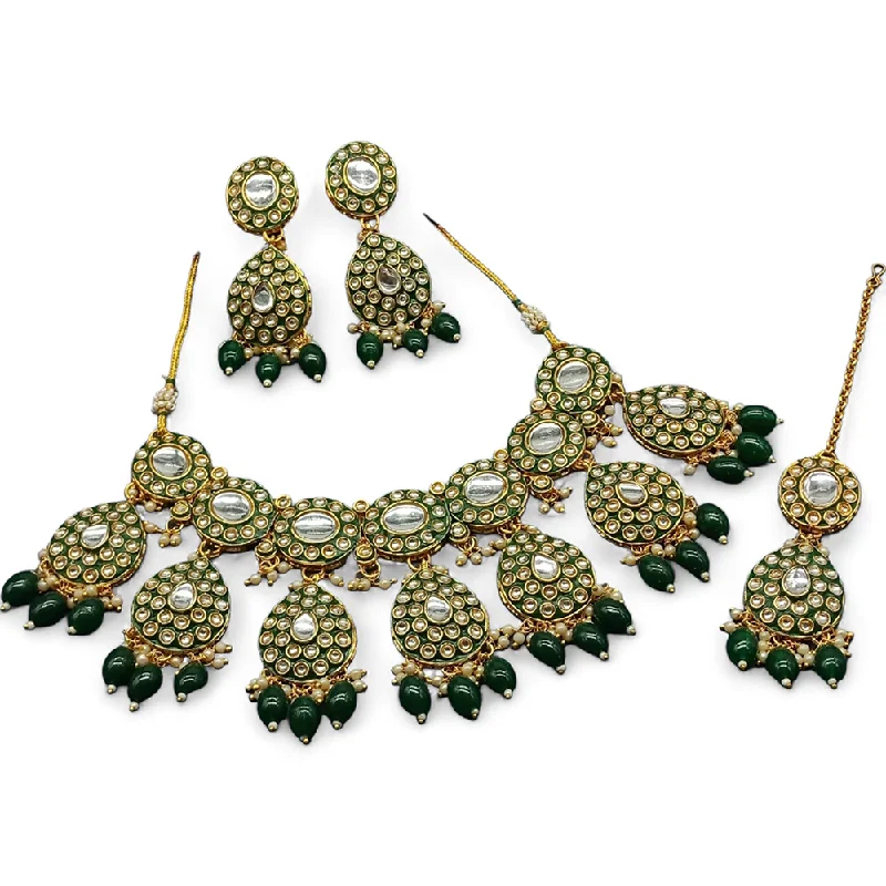 Elegant Pearl Necklace-Gehana Mahal Gold Plated Kundan Stone And Beads Necklace Set