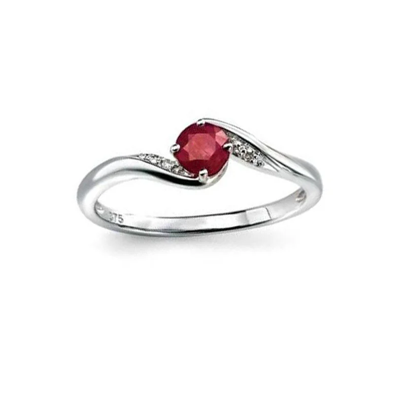 Silver Vintage Ring-Pave Diamond & Ruby Swirl Engagement Ring in White Gold