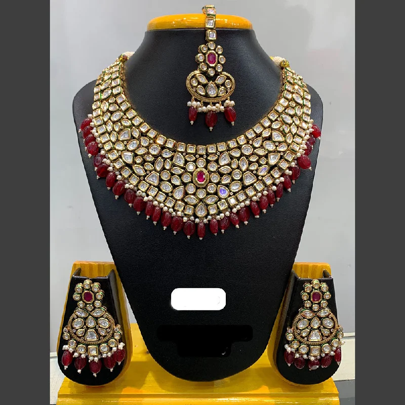 Adjustable Chain Necklace-Jain Jewellers Gold Plated Polki Kundan Stone And Pearls Necklace Set