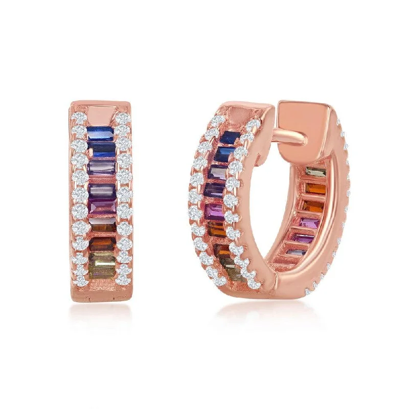 Pear Shaped Earrings-Sterling Silver Rose Gold Plated Rainbow Huggie Hoop CZ Earrings