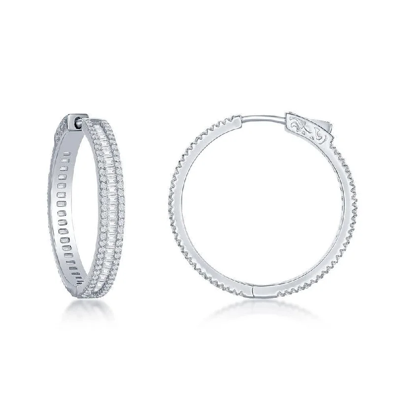 Artistic Wire Earrings-Sterling Silver Baguette CZ 30mm Hoop Earrings