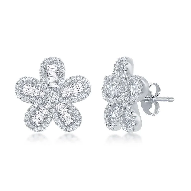 Crystal Hoop Earrings-Sterling Silver Baguette CZ Flower Stud Earrings