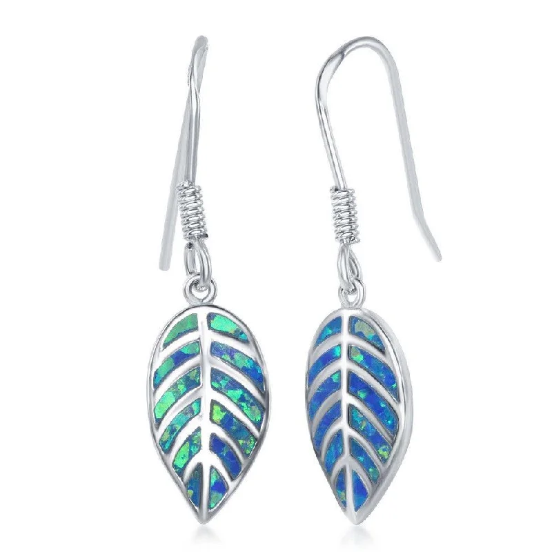 Elegant Cluster Earrings-Sterling Silver Blue Inlay Opal Leaf Earrings