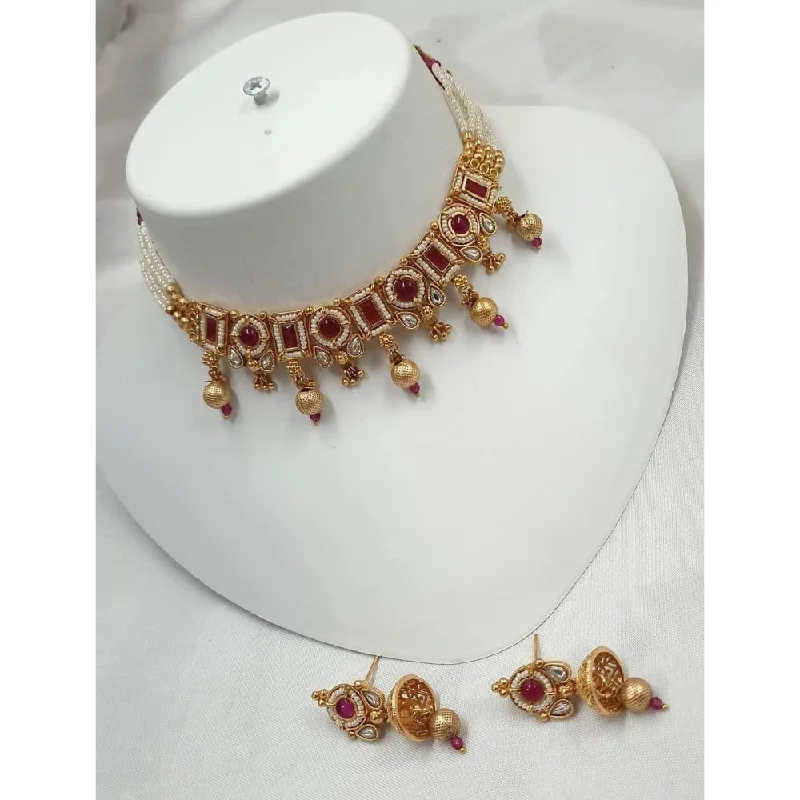 Personalized Gold Necklace-Akruti Collection Gold Plated Kundan Stone And Pearls Choker Necklace Set