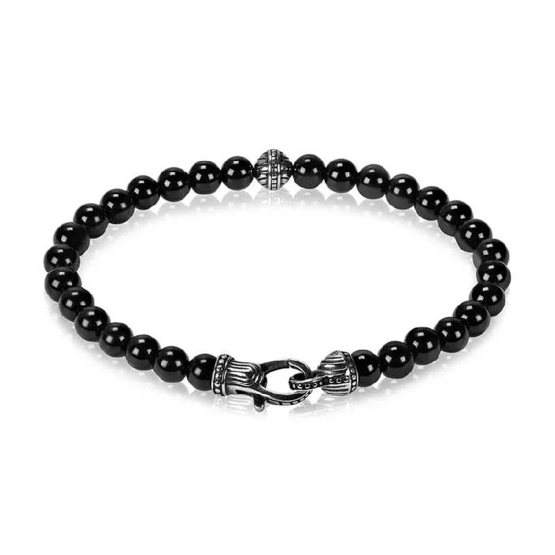 Crystal-Studded Bracelets-A.R.Z Men's Black Onyx Bead Bracelet