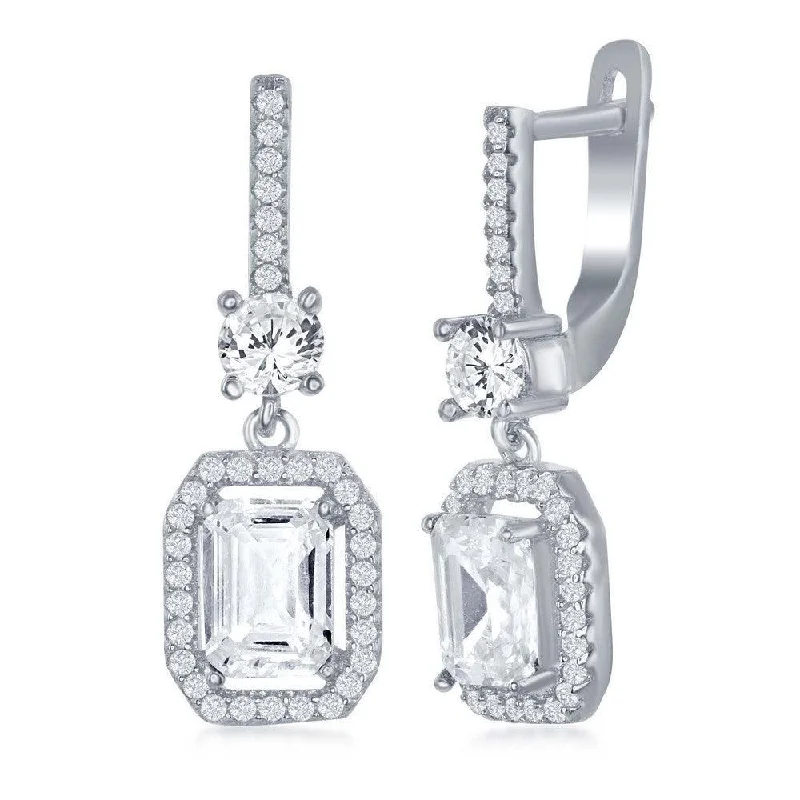 Bold Silver Earrings-Sterling Silver White Emerald Cut CZ Earrings