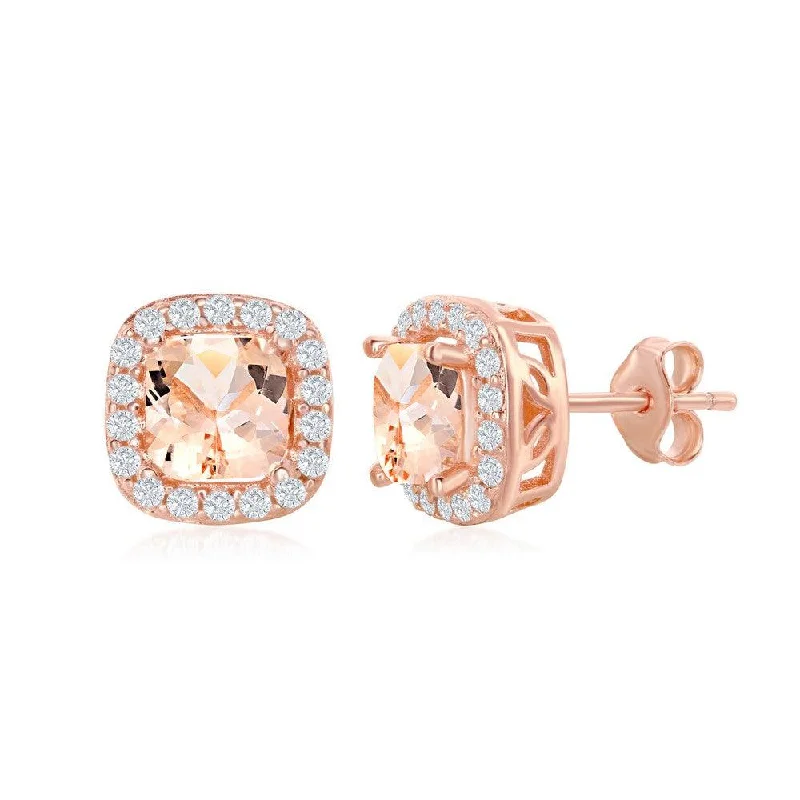 Diamond Heart Earrings-Sterling Silver Rose Gold Plated Square Morganite CZ Earrings