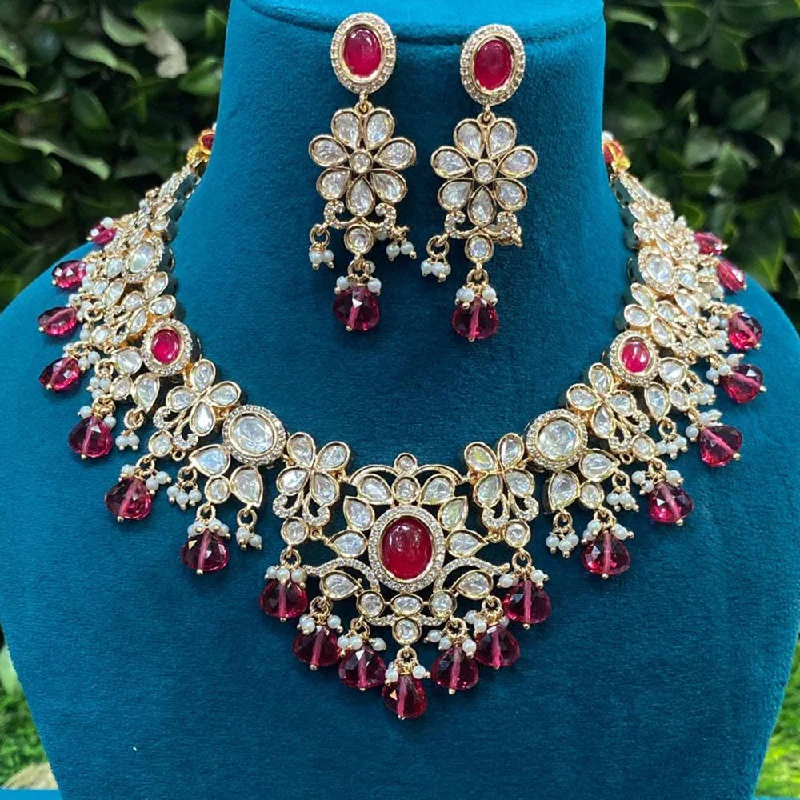 Modern Silver Necklace-Royal Kundan Jewellery Gold Plated Polki Kundan And Beads Necklace Set