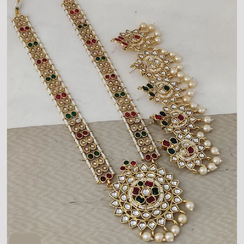 Flower Necklace for Women-Rani Sati Jewels Gold Plated Pearl And Kundan Long Necklace Set