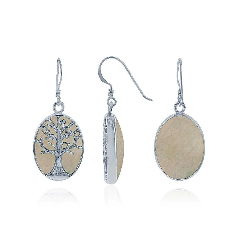 Light Blue Gem Earrings-Sterling Silver Large Oval MOP with Tree Earrings