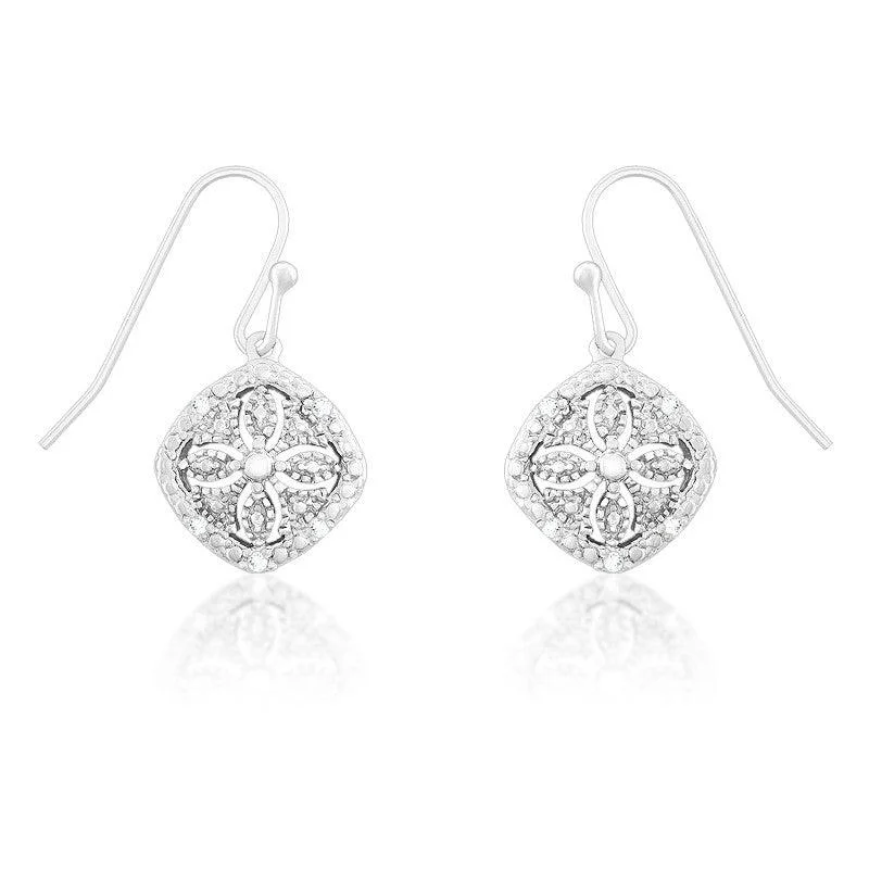 Edgy Silver Earrings-Sterling Silver Square Disc Flower Diamond Earrings