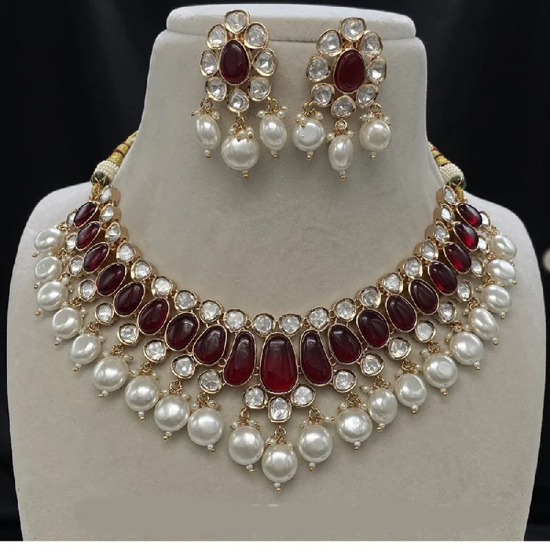 Gold Coin Necklace-Amoliya Jewels Gold Plated Polki Kundan And Pearl  Necklace Set