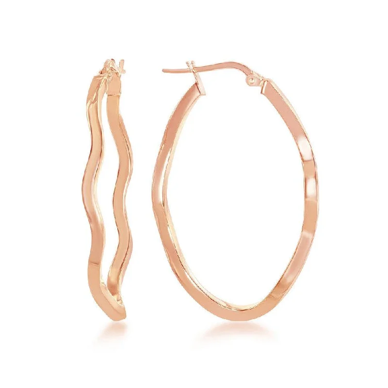 Simple Gold Earrings-Sterling Silver Rose Gold Plated Wavy Designed Oval Hoop Earrings