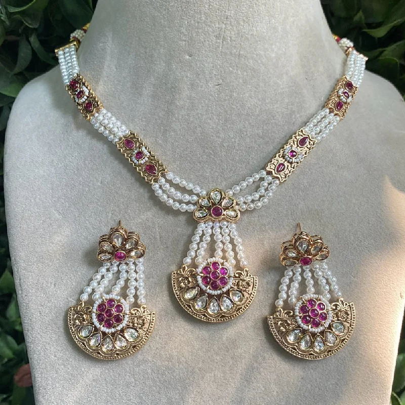 Modern Gold Necklace-Royal Kundan Jewellery Gold Plated Polki Kundan And Pearls Necklace Set