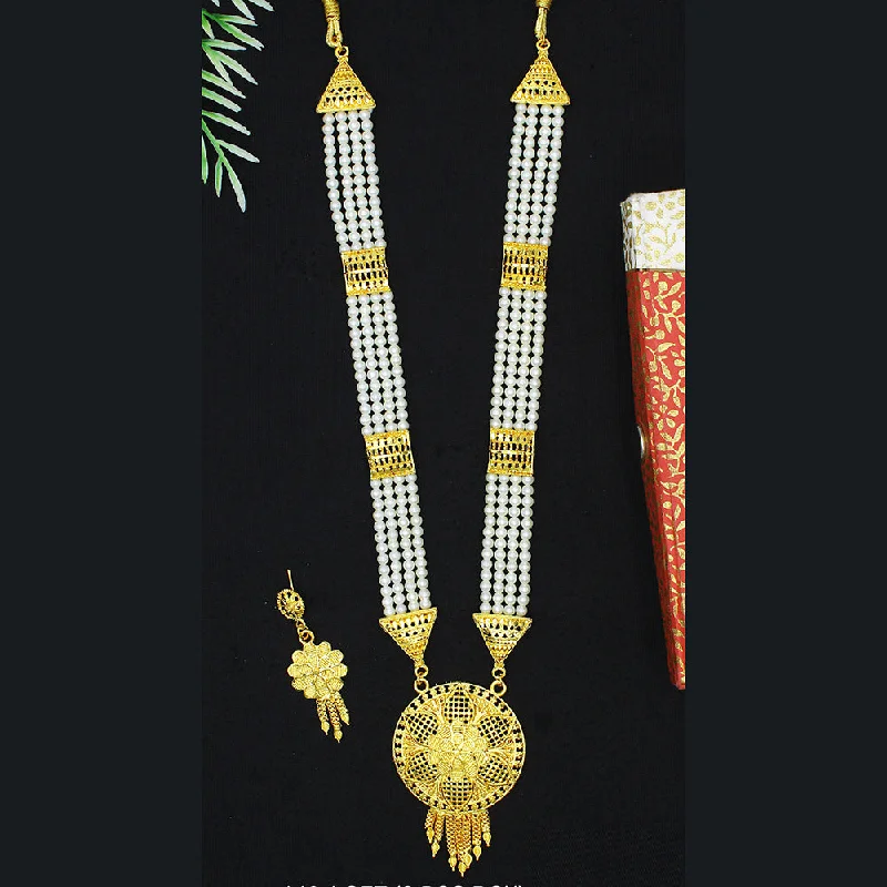 Gold Statement Necklace-Mahavir Dye Gold Pearl Long Necklace Set