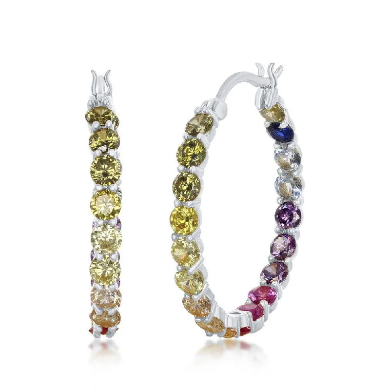 Gold Pearl Earrings-Sterling Silver 3x25mm Inside-Outside Rainbow CZ Hoop Earrings