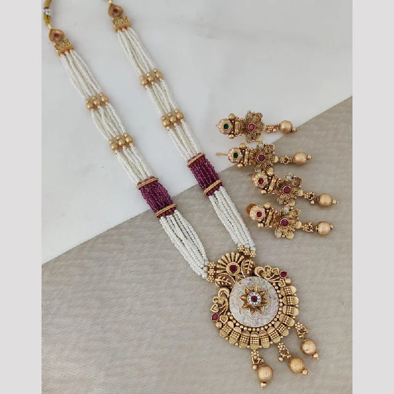 Unique Heart Necklace-Rani Sati Jewels Gold Plated Pota Stone And Pearl Long Necklace Set