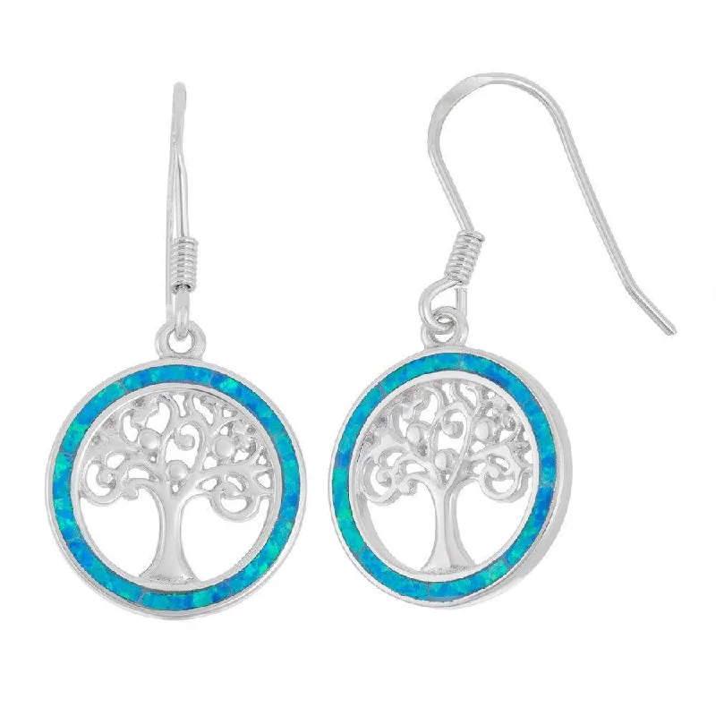 Large Silver Earrings-Sterling Silver Round Blue Inlay Opal Earrings