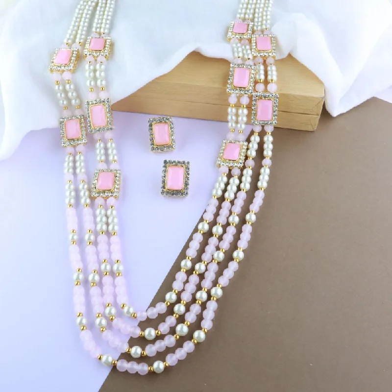 Statement Necklace for Weddings-Etnico Gold Plated Traditional Stone Studded Multi Strand Long Pearl Necklace Jewellery With Stud Earrings Set For Women/Girls (Pink)