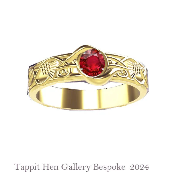 Designer Rose Gold Ring-Scottish Thistle Edinburgh Celtic Garnet Ring in Yellow Gold  Flow Set