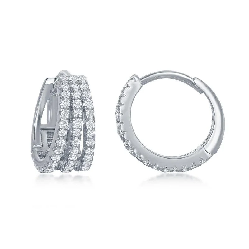 Heart Shaped Earrings-Sterling Silver Triple Row CZ Small Hoop Earrings