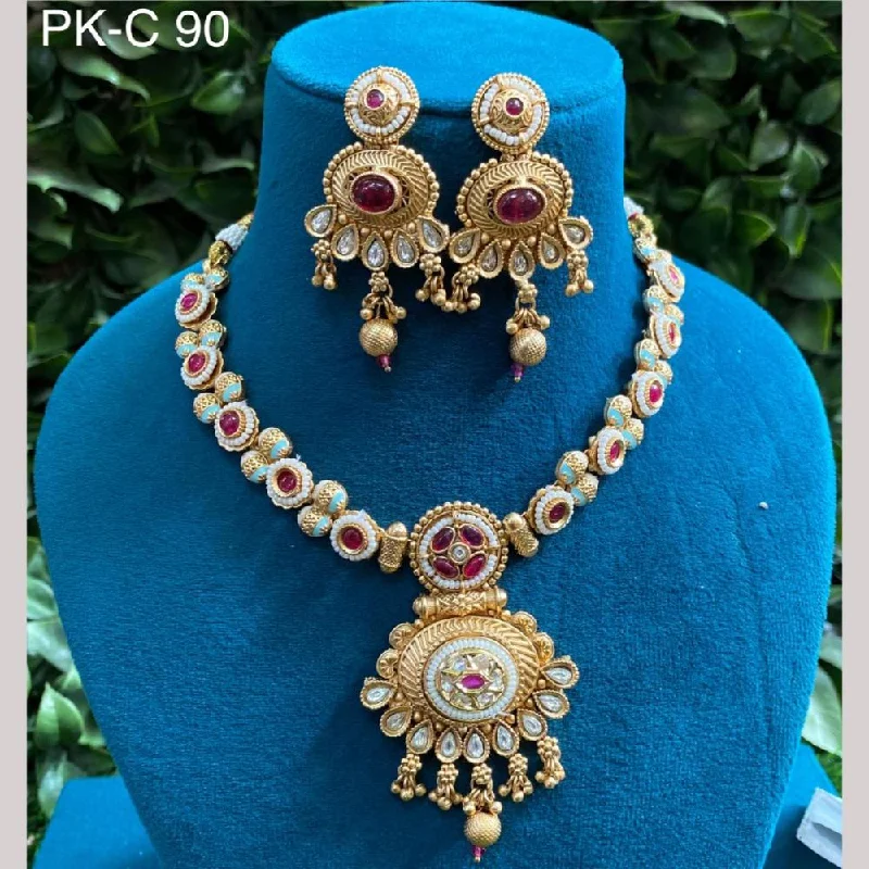 Silver Bar Necklace-Amoliya Jewels Gold Plated Pota Stone Meenakari Necklace Set