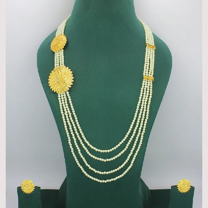 Unique Designer Necklace-Mahavir Gold Plated Pearl Multi Layer Long Necklace Set