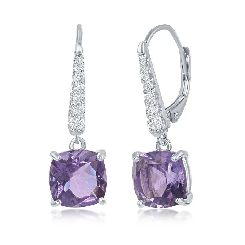 Silver Stud Earrings-Sterling Silver Four Prong Amethyst Earrings