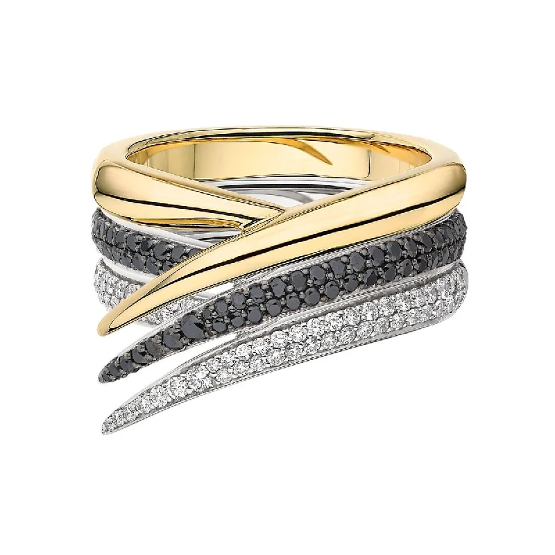 Black Sapphire Ring-Interlocking Stacked Ring - 18ct Yellow Gold & Black and White Diamond