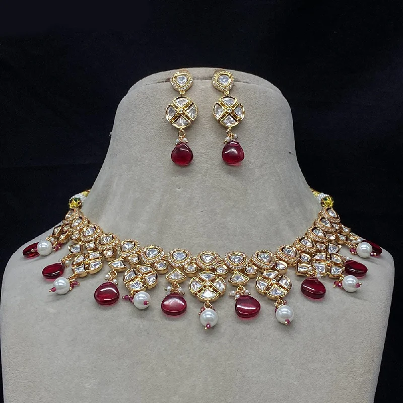 Handcrafted Silver Necklace-Royal Kundan Jewellery Gold Plated Polki Kundan And Pearls Necklace Set