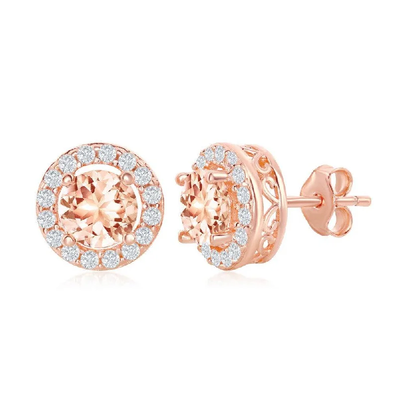 Moonstone Earrings-Sterling Silver Rose GP Four-Prong Round Morganite CZ Earrings