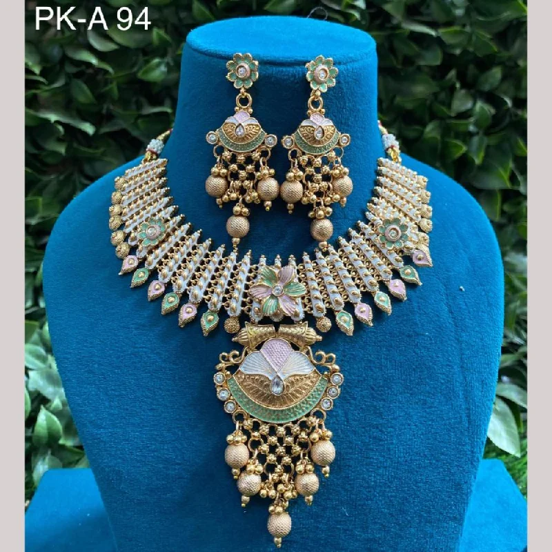 Unique Designer Necklace-Amoliya Jewels Gold Plated Pota Stone Meenakari Necklace Set