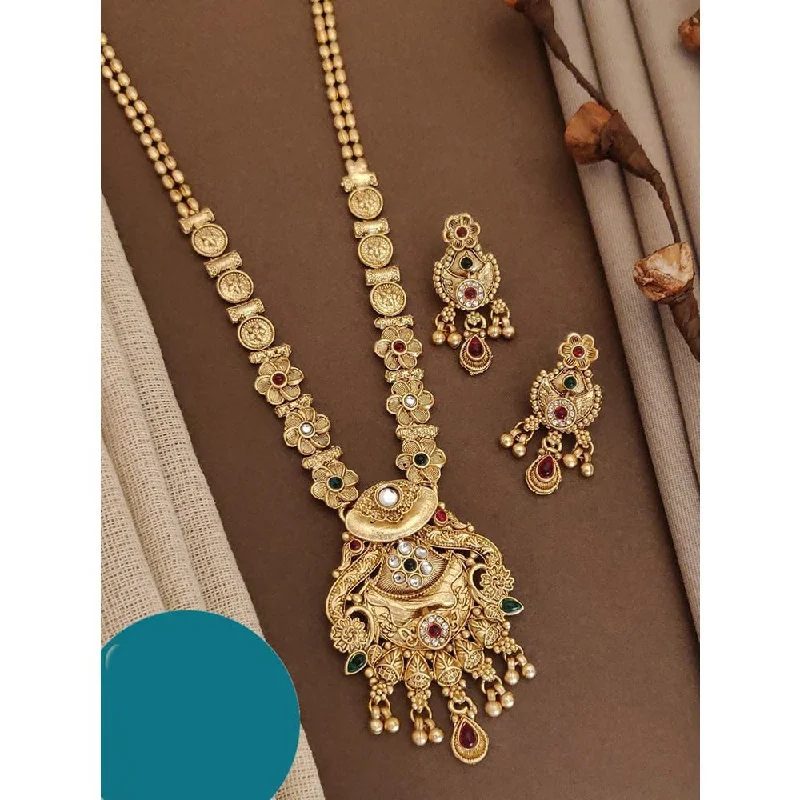 Retro Style Necklace-Akruti Collection Gold Plated Kundan Long Necklace Set