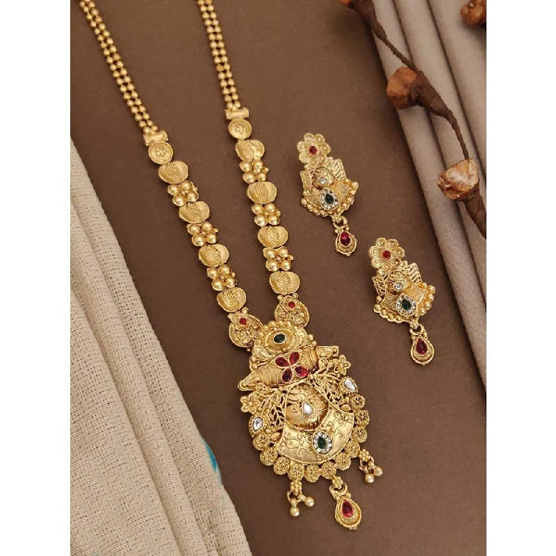 Chunky Gold Necklace-Akruti Collection Gold Plated Kundan Long Necklace Set