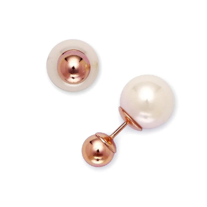 Gold Hoop Earrings-Sterling Silver Rose Gold Bead White Pearl Earrings