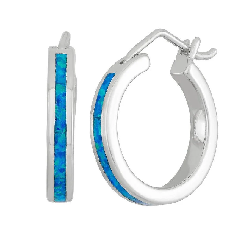 Wedding Diamond Earrings-Sterling Silver Blue Inlay Opal Hoop Earrings